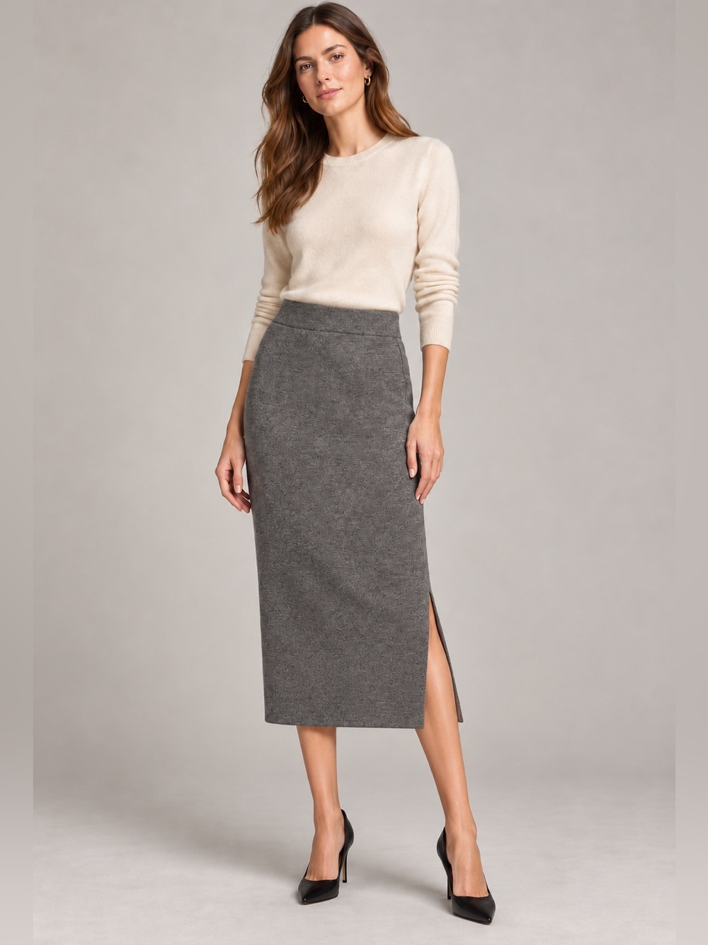 MaxMara Gray Midi Pencil Skirt with Side Slit